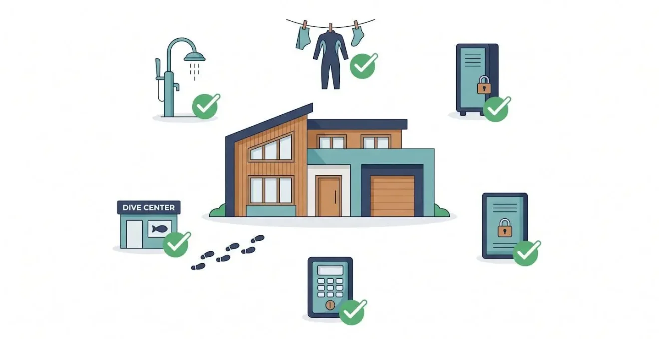 Illustration showing the key dive-friendly amenities that distinguish quality vacation rentals for divers.