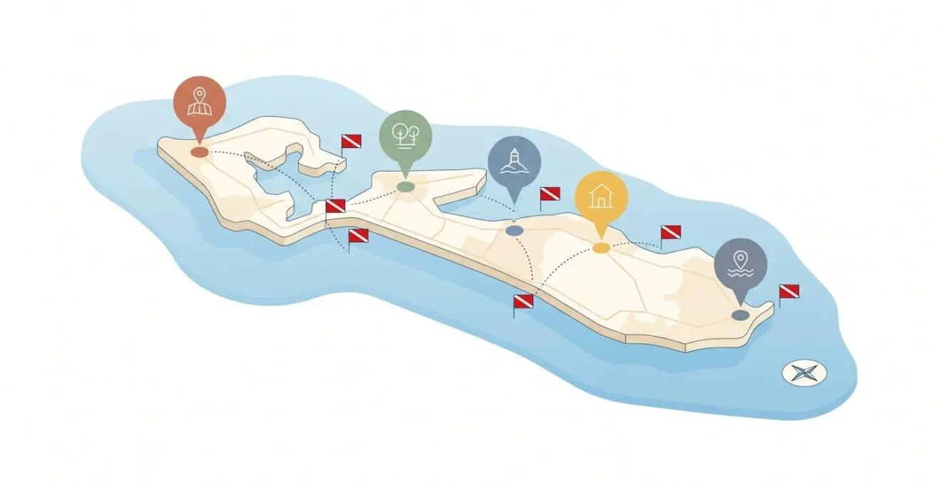 Stylized map of Ile de Re showing village locations and dive center positions across the island.