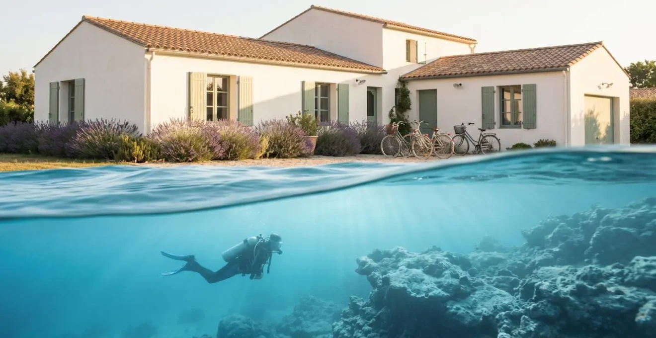 A vacation villa on Ile de Re with underwater diving scene visible below, symbolizing the island's dual appeal for divers and relaxation seekers.