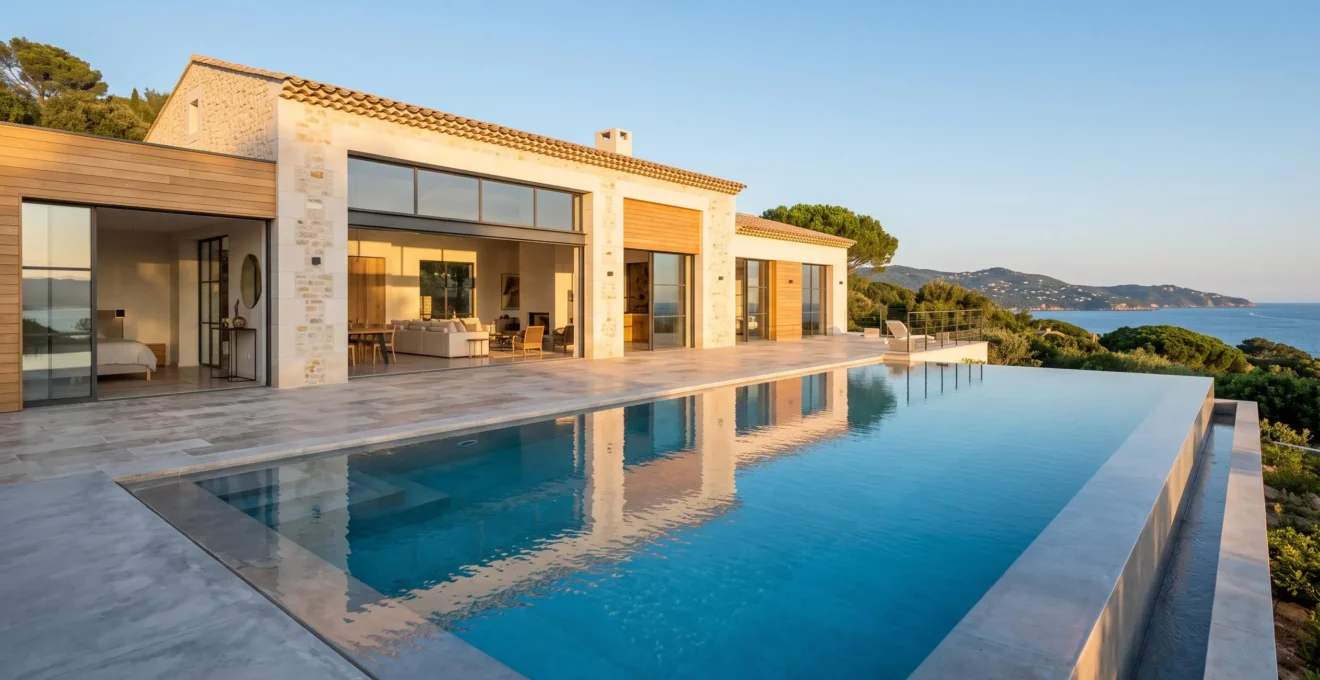 Contemporary luxury villa with infinity pool and Mediterranean sea view on the French Riviera, showcasing premium Provençal architecture with limestone façade, timber accents and floor-to-ceiling glass openings at golden hour
