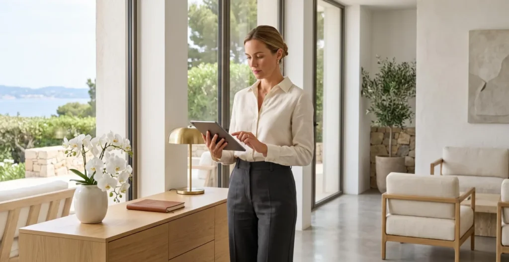 Professional luxury concierge consultant reviewing service arrangements on tablet in contemporary French Riviera villa reception area with Mediterranean natural light Professional luxury concierge consultant reviewing service arrangements on tablet in contemporary French Riviera villa reception area with Mediterranean natural light
