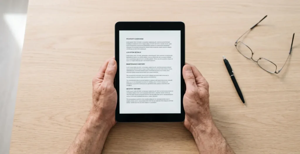 Professional hands reviewing luxury villa rental documentation on tablet in contemporary minimalist workspace with natural light Professional hands reviewing luxury villa rental documentation on tablet in contemporary minimalist workspace with natural light