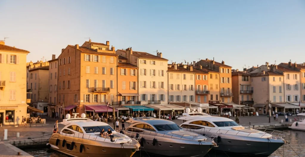 Saint-Tropez port with luxury yachts moored along the quayside and characteristic ochre Provençal building façades under warm afternoon light Saint-Tropez port with luxury yachts moored along the quayside and characteristic ochre Provençal building façades under warm afternoon light