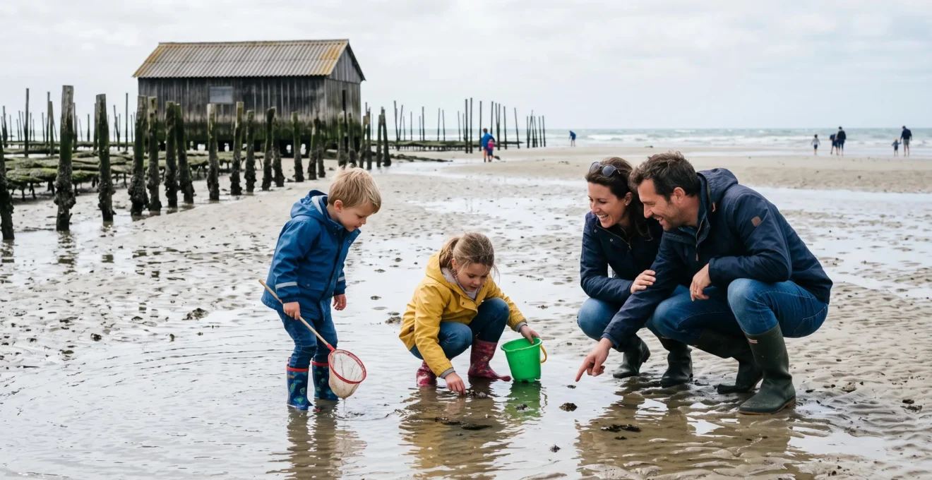 Children exploring the wet sand with nets at low tide near oyster shacks.