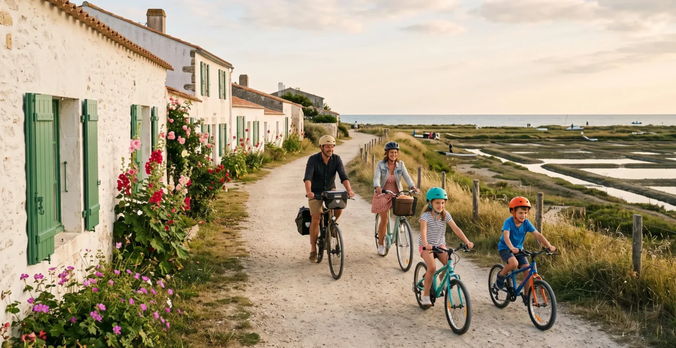 A family cycling along a whitewashed coastal lane on Île de Ré.