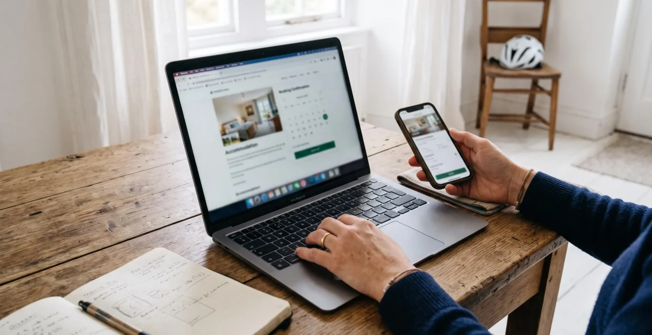 Hands using a laptop and phone to plan bookings at a rental table.